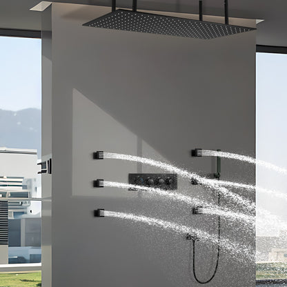 Juno Commercials Ceiling Mount Black LED Bathroom Shower Head with 4 Handels & Thermostatic Shower Set