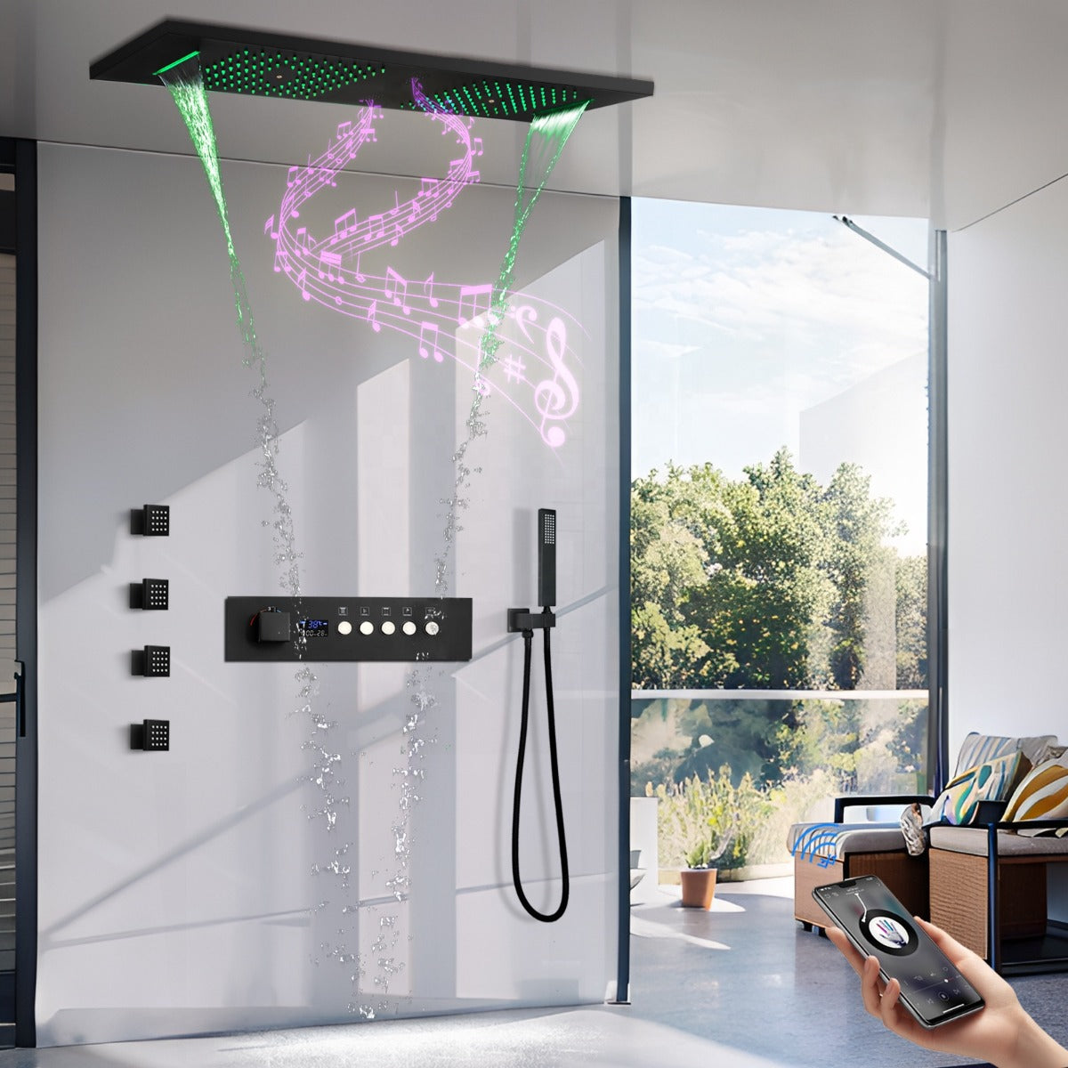 Juno Commercials Ceiling Mount Black Musical LED Shower System with Thermostatic Digital Display