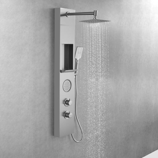 Juno Commercials Brushed Nickel Shower Panels with Square Shower Head & Storage Rack