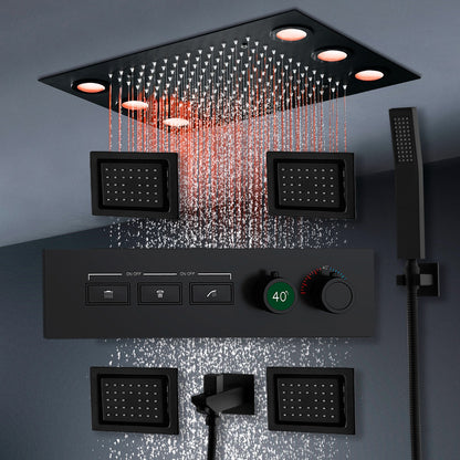 Juno Commercials Wall Mount Smart LED Shower Head Set with 4 Body Jets & Thermostatic Mixer Valve Hand Shower