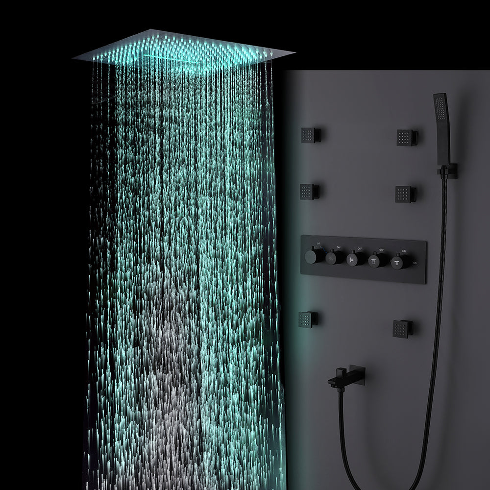 Juno Commercials Brushed Square 5 Handles 4 Way Shower System with LED Lights & Music