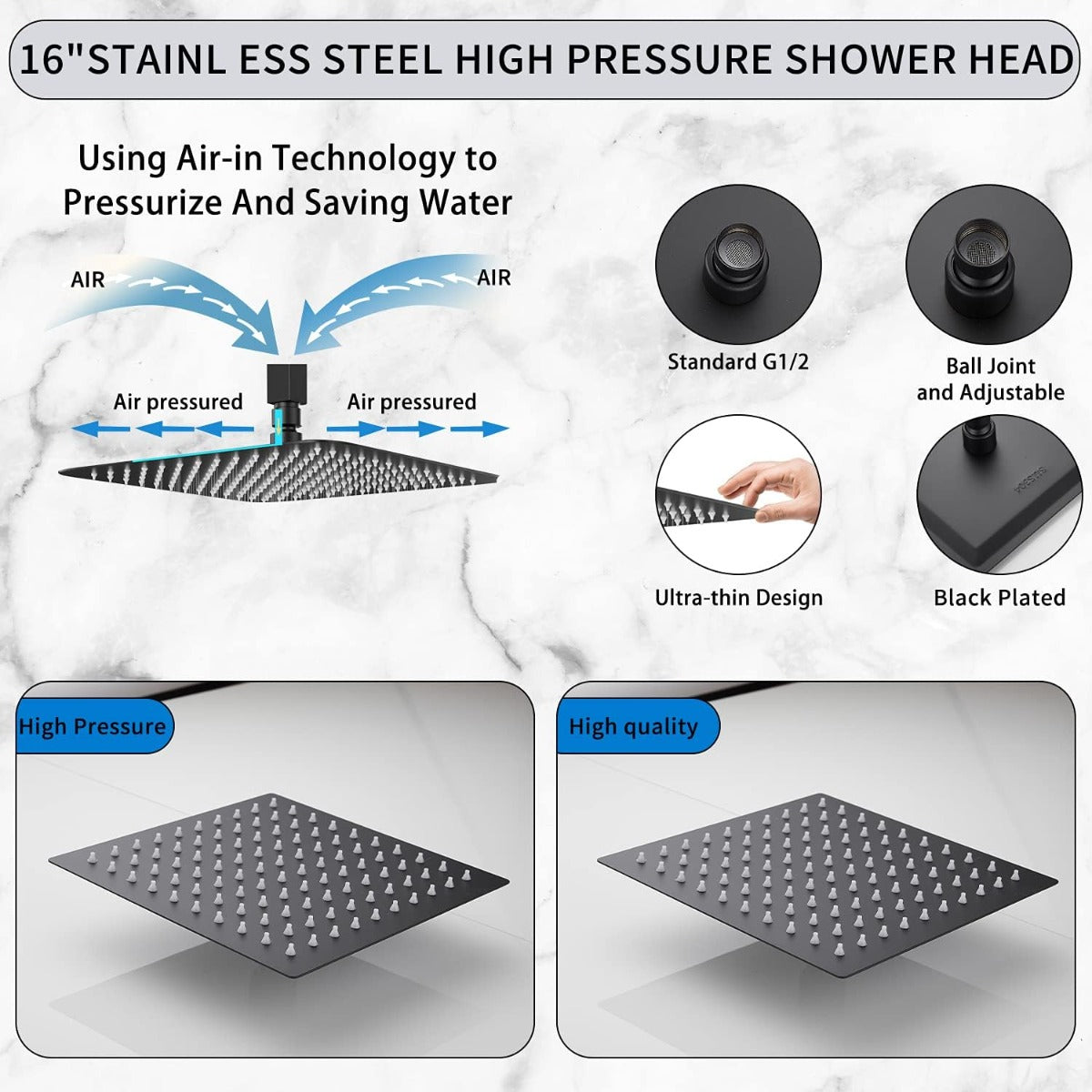 Juno Commercials 8-20 Inch Ceiling Mounted LED Bathroom Shower Head