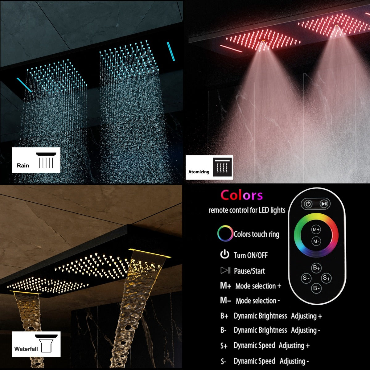 Juno Commercials Ceiling Mount Black Musical LED Shower System with Thermostatic Digital Display