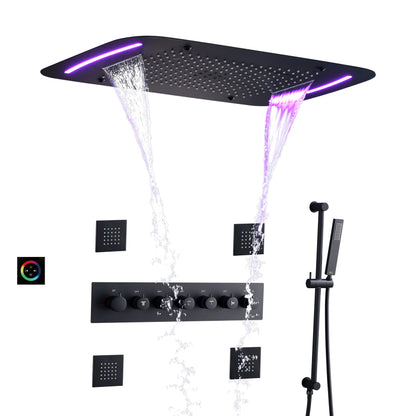 Juno Commercials Thermostatic Black Shower System with Color Changing LED Feature