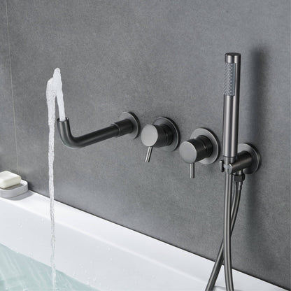 Juno Commercials Wall Mount Dual Handle Mixer Bathtub Faucet with Rainfall Hand Shower