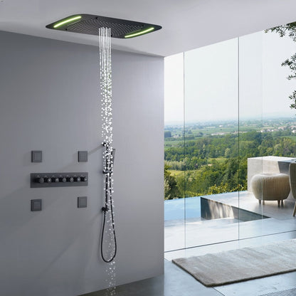 Juno Commercials Thermostatic Black Shower System with Color Changing LED Feature