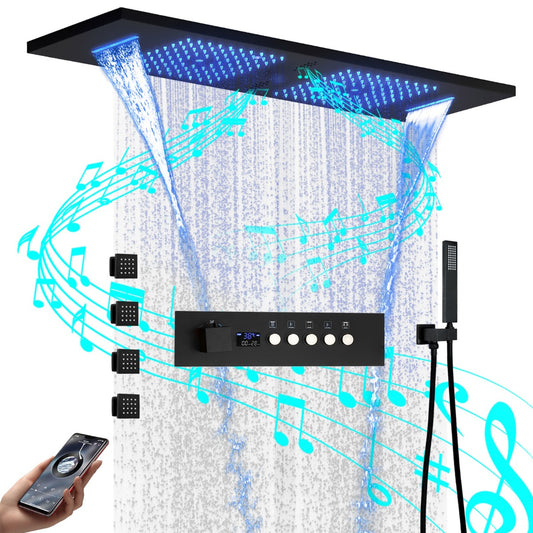 Juno Commercials Ceiling Mount Black Musical LED Shower System with Thermostatic Digital Display