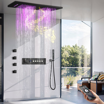 Juno Commercials Ceiling Mount Black Musical LED Shower System with Thermostatic Digital Display