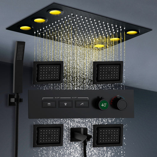 Juno Commercials Wall Mount Smart LED Shower Head Set with 4 Body Jets & Thermostatic Mixer Valve Hand Shower