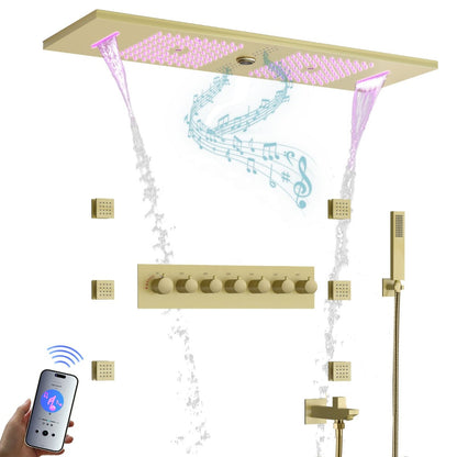 Juno Commercials Ceiling Mount Music & LED Lights Shower System with 7 Way Thermostatic Valve