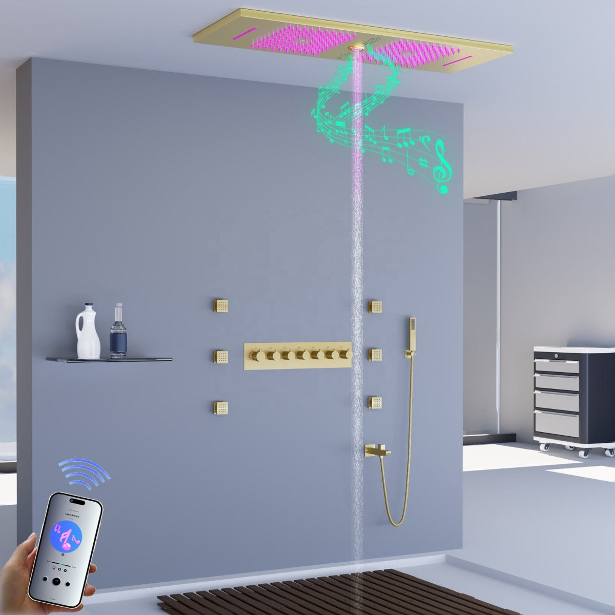 Juno Commercials Ceiling Mount Music & LED Lights Shower System with 7 Way Thermostatic Valve