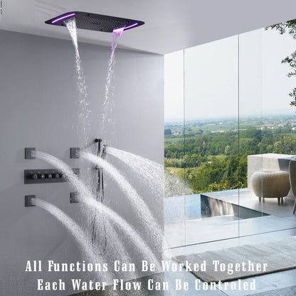 Juno Commercials Thermostatic Black Shower System with Color Changing LED Feature