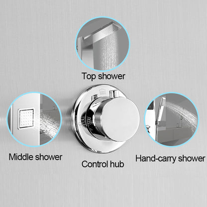 Juno Commercials Wall Mount Dual Handle Polished Shower Panel With High Pressure Body & Hand Shower