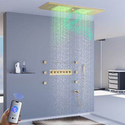 Juno Commercials Ceiling Mount Music & LED Lights Shower System with 7 Way Thermostatic Valve