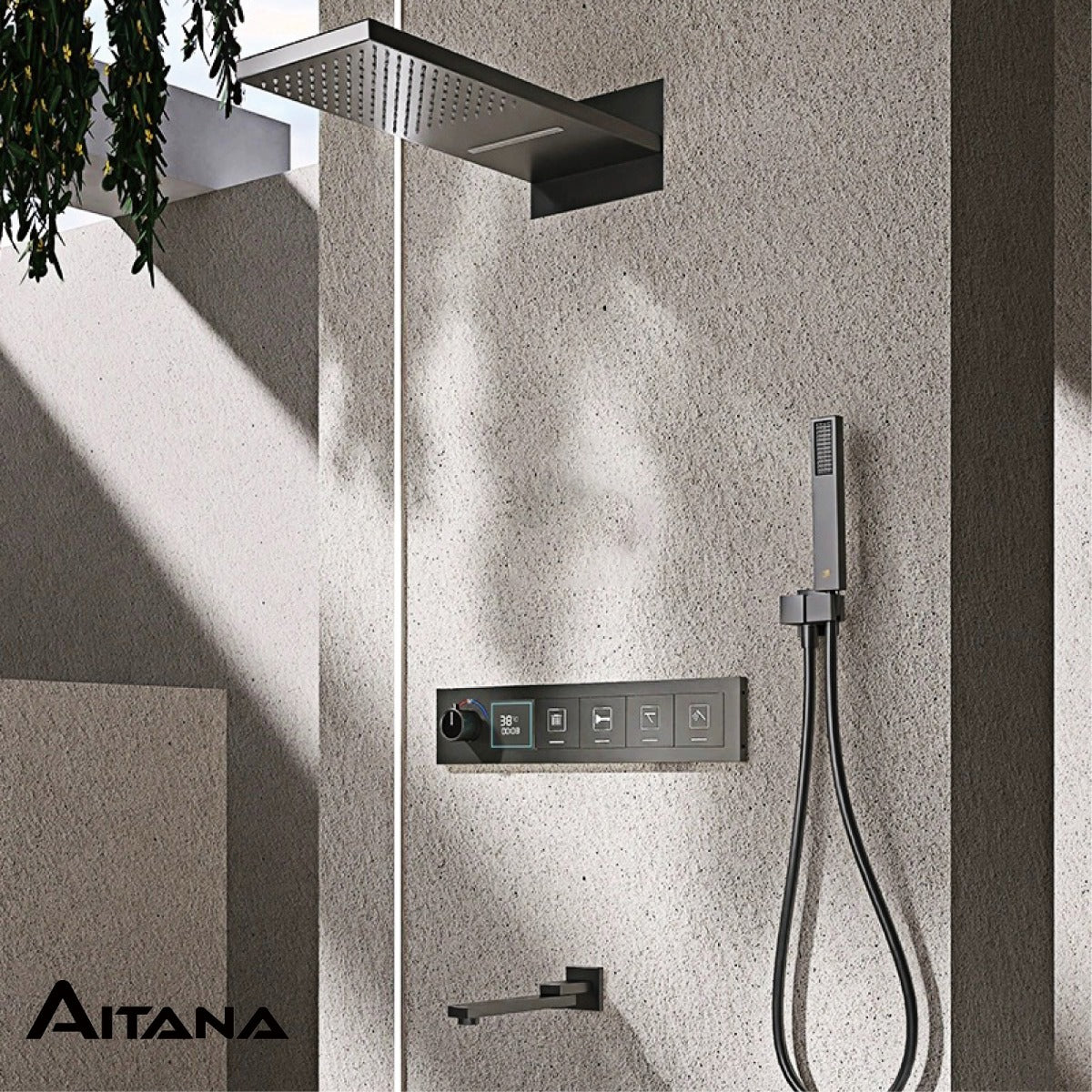 Juno Commercial Wall Mount Rectangle LED Shower Head with Digital Display & Hand Shower System