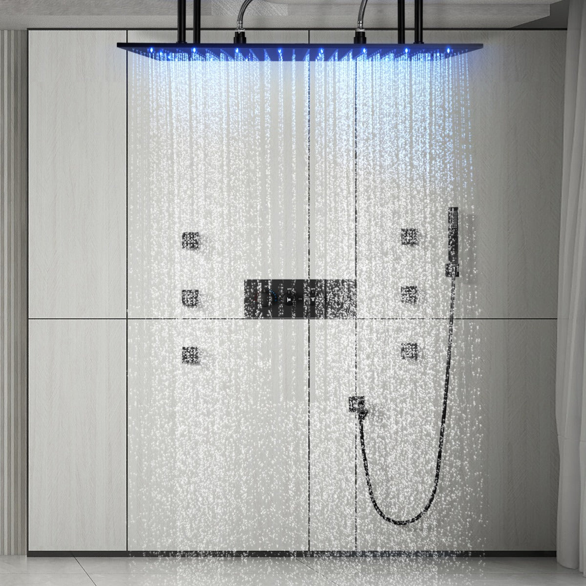 Juno Commercials Ceiling Mount Black LED Bathroom Shower Head with 4 Handels & Thermostatic Shower Set