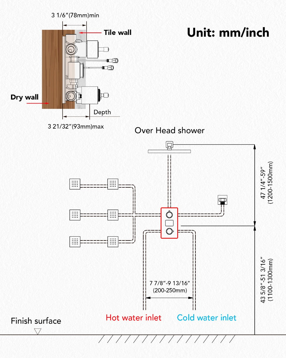 Juno Commercials Digital 3 Valve Diverter Commercial Shower System with 6 Body Jets