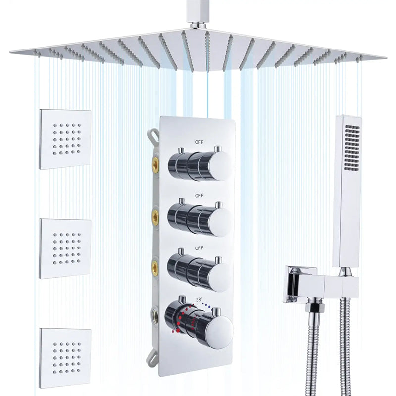 Juno Commercials Ceiling Mount 16 inch & 3 Way Thermostatic Valve Shower System