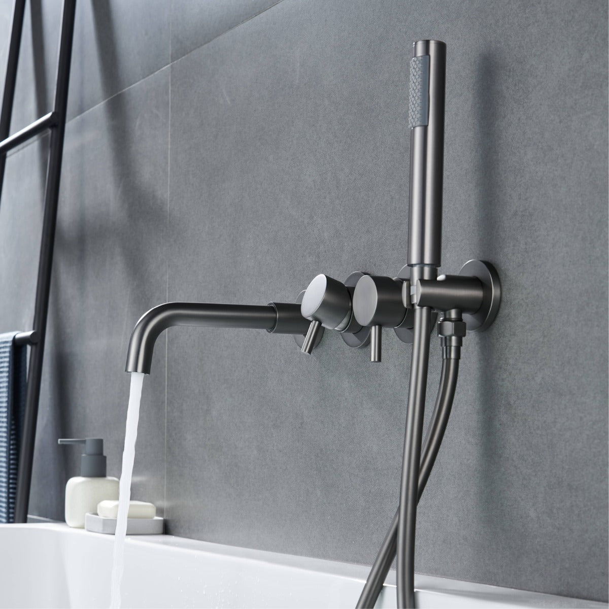 Juno Commercials Wall Mount Dual Handle Mixer Bathtub Faucet with Rainfall Hand Shower