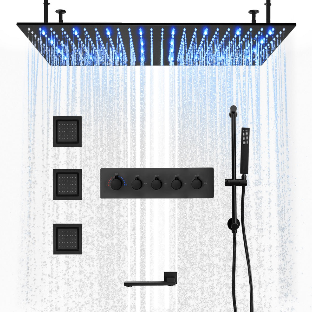 Juno Commercials Ceiling Mount Colors Changing LED Black Stainless Steel Thermostatic Shower Set