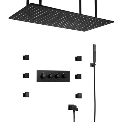 Juno Commercials Ceiling Mount Black LED Bathroom Shower Head with 4 Handels & Thermostatic Shower Set