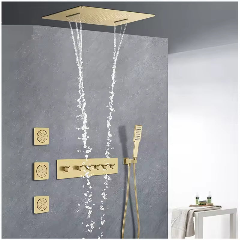 Juno Commercial Ceiling Mount Brushed Gold Finish 5 Function Thermostatic Shower Set