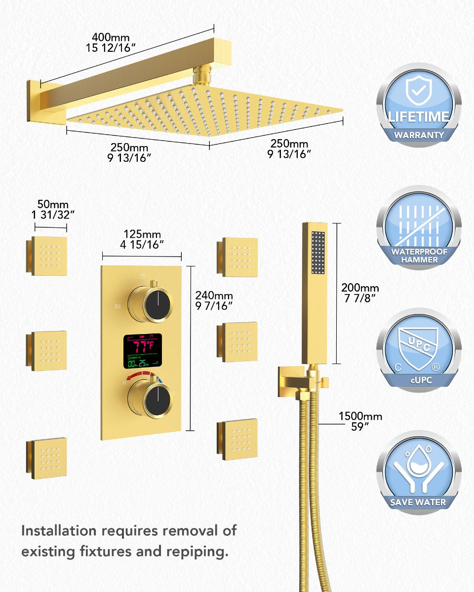 Juno Commercials Digital 3 Valve Diverter Commercial Shower System with 6 Body Jets