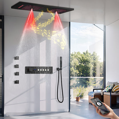 Juno Commercials Ceiling Mount Black Musical LED Shower System with Thermostatic Digital Display