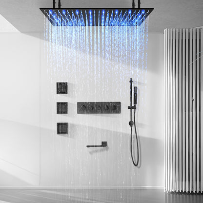 Juno Commercials Ceiling Mount Colors Changing LED Black Stainless Steel Thermostatic Shower Set