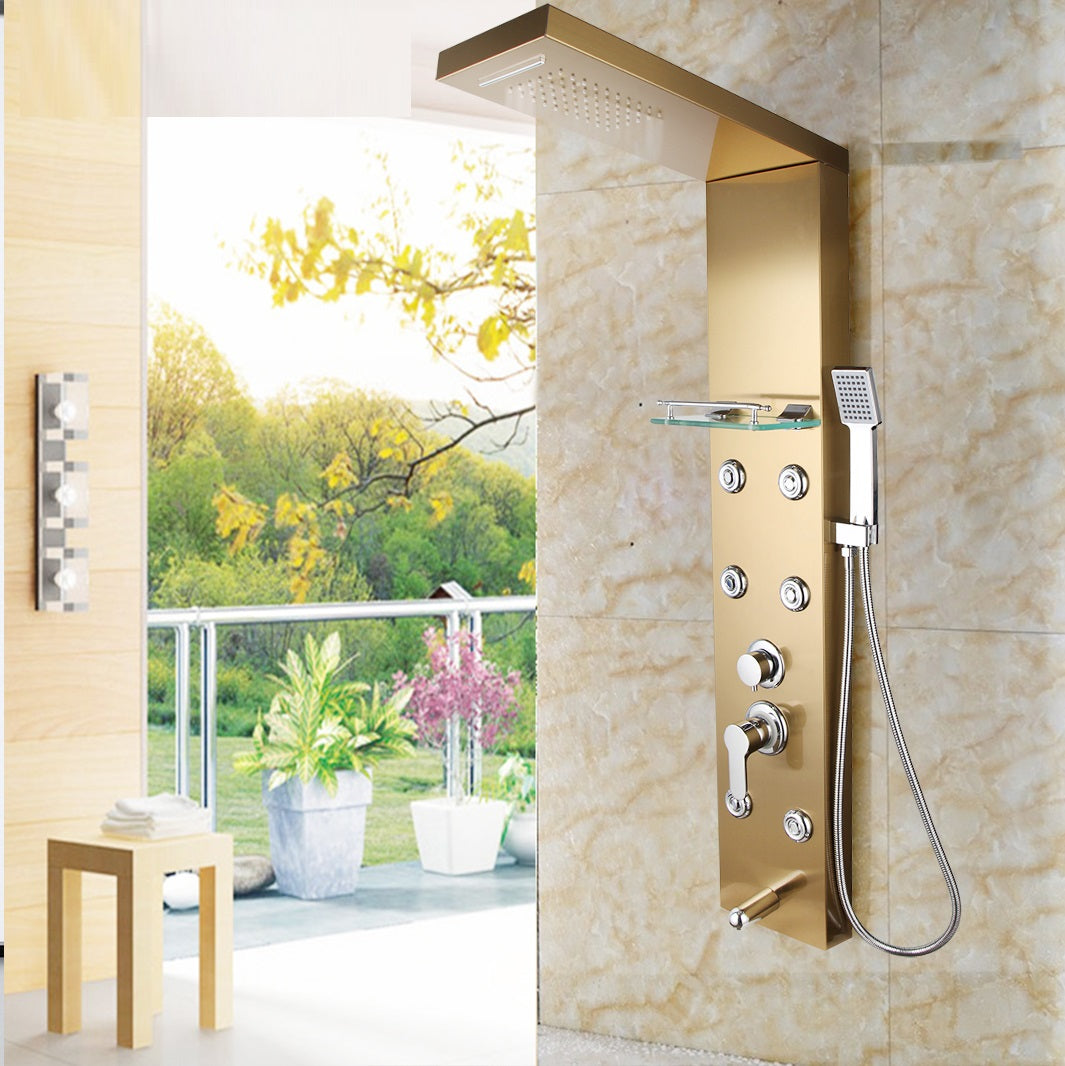 Juno Commercials Wall Mount Gold Shower Column with Hand Shower & Massage Shower Panel