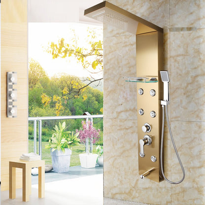 Juno Commercials Wall Mount Gold Shower Column with Hand Shower & Massage Shower Panel